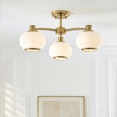 Photograph: Evora Brushed Aged Brass 3 Light Semi Flush Ceiling Light Complete With Opal Gloss Ribbed Shades