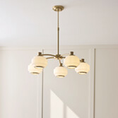 Photograph: Evora Brushed Aged Brass 5 Light Pendant Complete With Opal Gloss Ribbed Shades