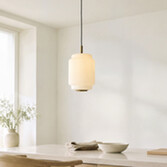 Photograph: Evora Brushed Aged Brass Drum Single Pendant Light Complete With Opal Gloss Ribbed Shade