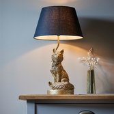 Photograph: Fox Figurine Table Lamp In Vintage Gold Complete With Black Fabric Shade