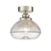 Photograph: Franklite Acoste Satin Nickel Flush Ceiling Light Complete With Clear Ribbed Glass
