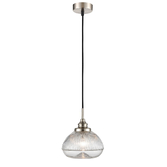 Photograph: Franklite Acoste Satin Nickel Pendant Ceiling Light Complete With Clear Ribbed Glass