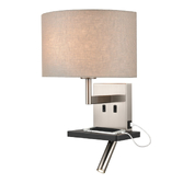 Photograph: Franklite Austen Satin Nickel/Black Wall Light With Reading Light, Charging Pad, USB Port And Curved Taupe Shade