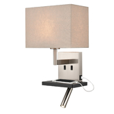 Photograph: Franklite Austen Satin Nickel/Black Wall Light With Reading Light, Charging Pad, USB Port And Rectangular Taupe Shade