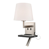 Photograph: Franklite Austen Satin Nickel/Black Wall Light With Reading Light, Charging Pad, USB Port And Round Off White Shade