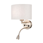 Photograph: Franklite Austen Satin Nickel Wall Light With Flex Arm Reading Light, USB Port And Curved Off White Shade