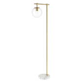 Photograph: Franklite Avenue Matt Brass Floor Lamp Complete With White Marble Base and Clear Glass Globe - Switched