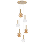 Photograph: Franklite Beau Brushed Brass 6 Light Cluster Pendant Complete With Amber And Clear Round Glasses - Bespoke - Assemble On Site