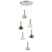 Photograph: Franklite Beau Satin Nickel 6 Light Cluster Pendant Complete With Amber, Clear And Smoked Bowl Glasses - Bespoke - Assemble On Site
