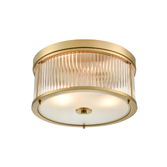 Photograph: Franklite Bonham Aged Brass Flush 2 Light Ceiling Light Complete With Ribbed Glass Decoration And Frosted Base