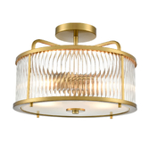 Photograph: Franklite Bonham Aged Brass Semi-Flush 2 Light Ceiling Light Complete With Ribbed Glass Decoration And Frosted Base
