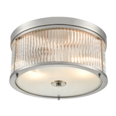 Photograph: Franklite Bonham Satin Nickel Flush 2 Light Ceiling Light Complete With Ribbed Glass Decoration And Frosted Base