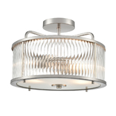 Photograph: Franklite Bonham Satin Nickel Semi-Flush 2 Light Ceiling Light Complete With Ribbed Glass Decoration And Frosted Base