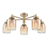 Photograph: Franklite Caligo Aged Brass 5 Light Ceiling Light Complete With Amber Ombre Effect Ribbed Glass
