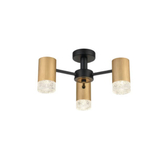 Photograph: Franklite Cordelia Satin Brushed Gold And Matt Black 3 Light Semi-Flush Ceiling Light With Clear Textured Glasses