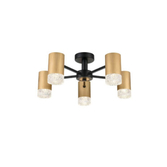 Photograph: Franklite Cordelia Satin Brushed Gold And Matt Black 5 Light Semi-Flush Ceiling Light With Clear Textured Glasses