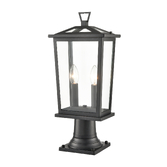 Photograph: Franklite Dusk Exterior Pedestal Lamp In Matt Black Complete With Clear Glass Panels - IP44