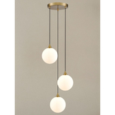 Photograph: Franklite Galaxy 3 Light Aged Brass Finish Cluster Pendant Complete With Round Matt Opal Glasses