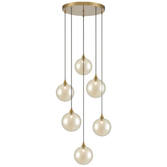 Photograph: Franklite Galaxy 6 Light Aged Brass Finish Cluster Pendant Complete With Round Amber Glasses