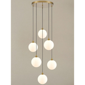 Photograph: Franklite Galaxy 6 Light Aged Brass Finish Cluster Pendant Complete With Round Matt Opal Glasses