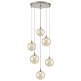 Photograph: Franklite Galaxy 6 Light Satin Nickel Finish Cluster Pendant Complete With Round Amber Glasses