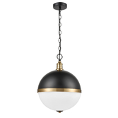 Photograph: Franklite Hemisphere Large Matt Black And Gold Round Pendant Light Complete With Opal Glass
