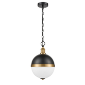Photograph: Franklite Hemisphere Small Matt Black And Gold Round Pendant Light Complete With Opal Glass