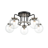 Photograph: Franklite Lithos Two Tone Matt Black/Satin Nickel 5 Light Flush Ceiling Light Complete With Clear Glass Shades