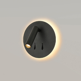 Photograph: Franklite Luca Matt Black Round Adjustable Led Bedside Reader Wall Light Complete With Illuminated Backplate - Switched - 3000K