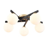 Photograph: Franklite Lunar 5 Light Flush Ceiling Light In Black & Brass With Opal Glass Globes