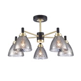 Photograph: Franklite Metro 5 Light Semi-Flush Ceiling Light In Matt Black & Satin Brass With Smoked Textured Glass Shades