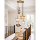 Photograph: Franklite Mezcla 6 Light Cluster Pendant Aged Brass With Mixed Ribbed Glass Shades