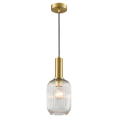 Photograph: Franklite Mezcla Aged Brass Finish Single Pendant Light Complete With 150mm Clear Ribbed Glass Shade