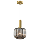 Photograph: Franklite Mezcla Aged Brass Finish Single Pendant Light Complete With 200mm Smoked Ribbed Glass Shade