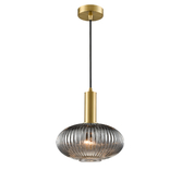 Photograph: Franklite Mezcla Aged Brass Finish Single Pendant Light Complete With 240mm Smoked Ribbed Glass Shade