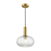 Photograph: Franklite Mezcla Aged Brass Finish Single Pendant Light Complete With 260mm Clear Chevron Glass Shade
