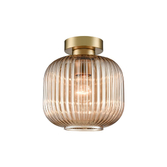 Photograph: Franklite Mezcla Flush Aged Brass Finish Ceiling Light Complete With 200mm Amber Ribbed Glass Shade