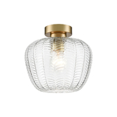 Photograph: Franklite Mezcla Flush Aged Brass Finish Ceiling Light Complete With 230mm Clear Chevron Glass Shade