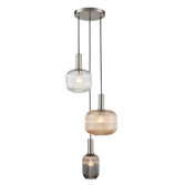 Photograph: Franklite Mezcla Satin Nickel 3 Light Cluster Pendant Complete With Smoked/Clear/Amber Ribbed Glass Shades
