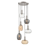 Photograph: Franklite Mezcla Satin Nickel 6 Light Cluster Pendant Complete With Smoked/Clear/Amber Chevron Glass Shades