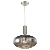 Photograph: Franklite Mezcla Satin Nickel Single Pendant Light Complete With 300mm Smoked Ribbed Glass Shade