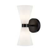 Photograph: Franklite Odeon Matt Black 2 Light Bathroom Wall Light Complete WIth Opal Conical Glass Shades - IP44
