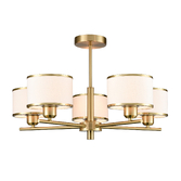 Photograph: Franklite Polaris Aged Brass Semi-Flush 5 Light Ceiling Light Complete With Off-White Textured Fabric Shades And Aged Brass Trims