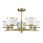 Photograph: Franklite Polaris Satin Nickel Semi-Flush 5 Light Ceiling Light Complete With Off-White Textured Fabric Shades And Satin Nickel Trims