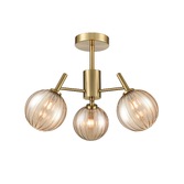 Photograph: Franklite Quasar 3 Light Semi-Flush Ceiling Light In Aged Brass With Amber Ribbed Glass Globes