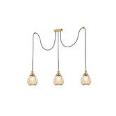 Photograph: Franklite Refract Aged Brass Finish 3 Light Kitchen Island Adjustable Spreader With Short Amber Ribbed Glasses And Ceiling Hooks