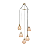 Photograph: Franklite Refract Aged Brass Finish 5 Light Pendant Suspension Spreader Complete With Short Amber Ribbed Glasses