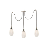 Photograph: Franklite Refract Satin Nickel Finish 3 Light Kitchen Island Adjustable Spreader With Long Opal Ribbed Glasses And Ceiling Hooks