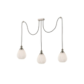 Photograph: Franklite Refract Satin Nickel Finish 3 Light Kitchen Island Adjustable Spreader With Short Opal Ribbed Glasses And Ceiling Hooks