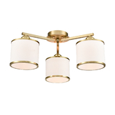 Photograph: Franklite Sirius Aged Brass Flush 3 Light Ceiling Light Complete With Off-White Textured Fabric Shades And Aged Brass Trims